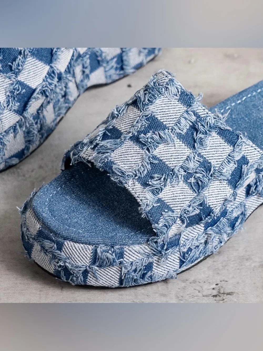 Checked Denim Platform Slide Mules - Blue Size 6 - Picture 2 of 7